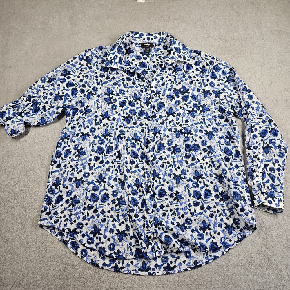Lord‎ & Taylor Button Down Shirt Womens 1X Blue Floral Cotton Feminine Roll Tab